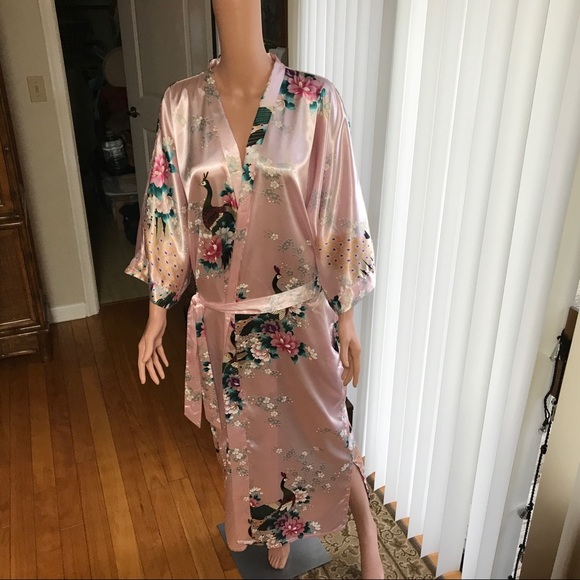 SOLD! Women's Kimono Robe Pink Floral Peacock & Floral Motif Satin Pockets Large - Picture 6 of 9